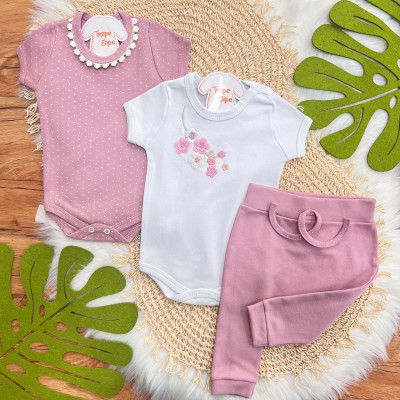 Conj. de Malha 3 peças - Galhinhos de Flores - Uva e Branco